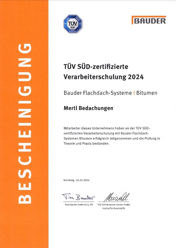 Flachdach-TÜV Bauder bei Mertl-Bedachungen Freising und München